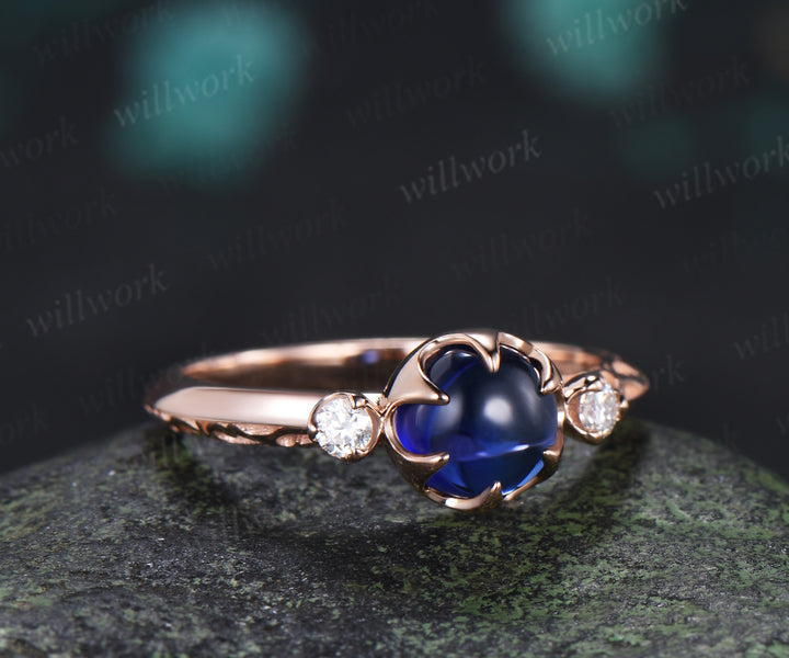 Vintage Round Sapphire Engagement Ring Three Stone Diamond Ring Filigree Floral Cabochon Sapphire Promise Ring