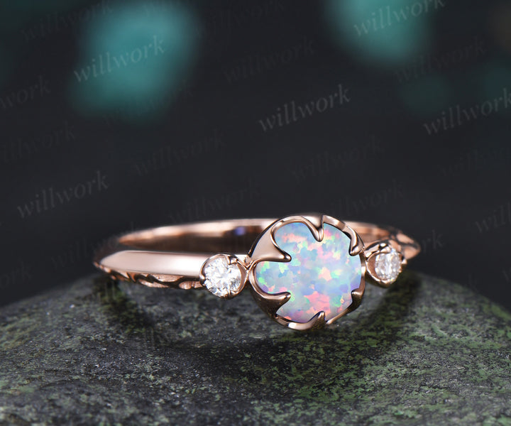 Vintage Round Opal Engagement Ring Three Stone Diamond Ring Filigree Floral Opal Promise Ring