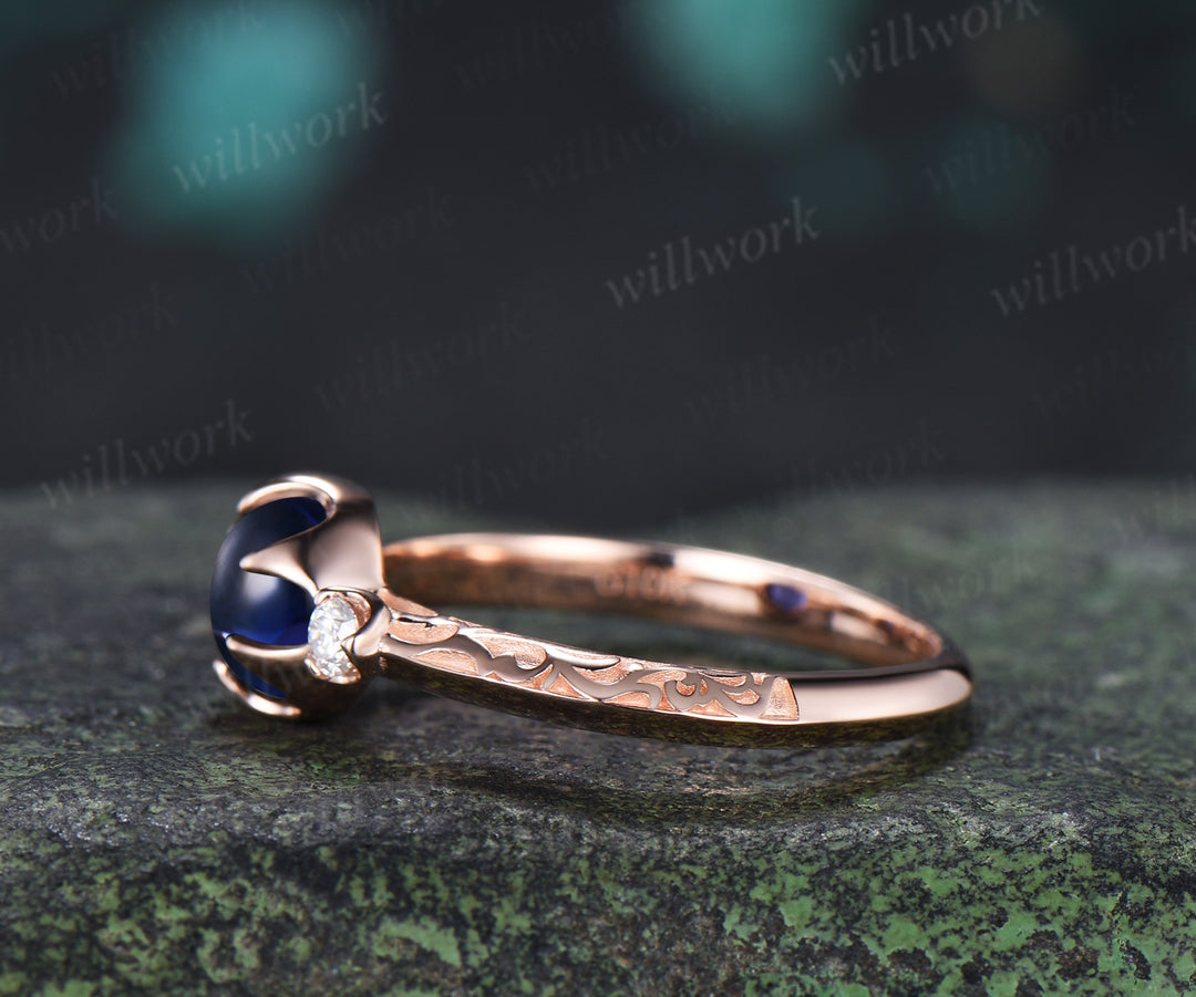 Vintage Round Sapphire Engagement Ring Three Stone Diamond Ring Filigree Floral Cabochon Sapphire Promise Ring