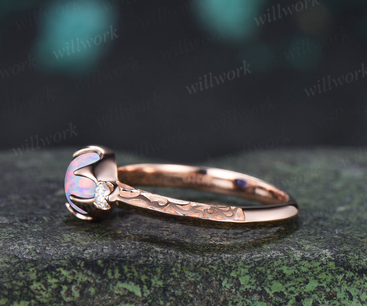 Vintage Round Opal Engagement Ring Three Stone Diamond Ring Filigree Floral Opal Promise Ring