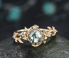 Round Moss Agate Twisted Floral Vine Engagement Ring Nature Inspired Solitaire Promise Ring for Her