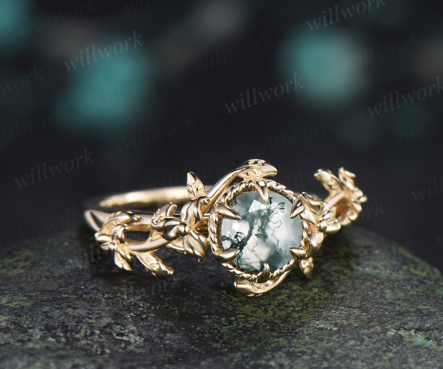 Round Moss Agate Twisted Floral Vine Engagement Ring Nature