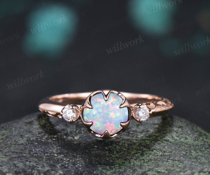 Vintage Round Opal Engagement Ring Three Stone Diamond Ring Filigree Floral Opal Promise Ring