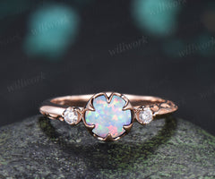 Vintage Round Opal Engagement Ring Three Stone Diamond Ring Filigree Floral Opal Promise Ring