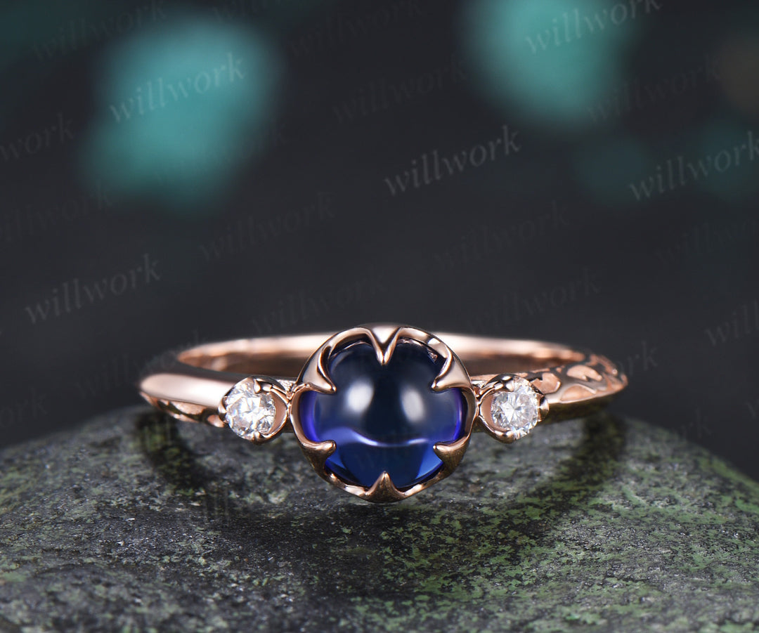 Vintage Round Sapphire Engagement Ring Three Stone Diamond Ring Filigree Floral Cabochon Sapphire Promise Ring