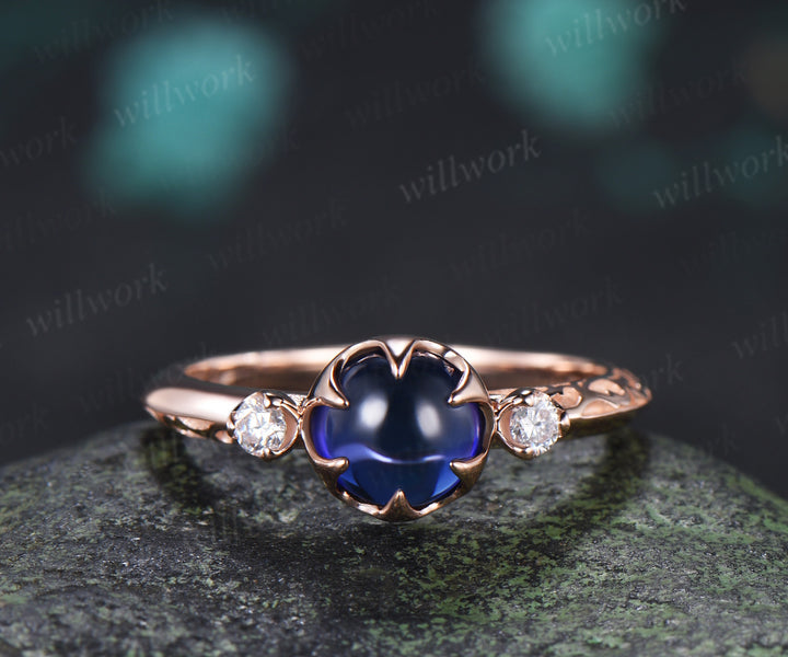 Vintage Round Sapphire Engagement Ring Three Stone Diamond Ring Filigree Floral Cabochon Sapphire Promise Ring
