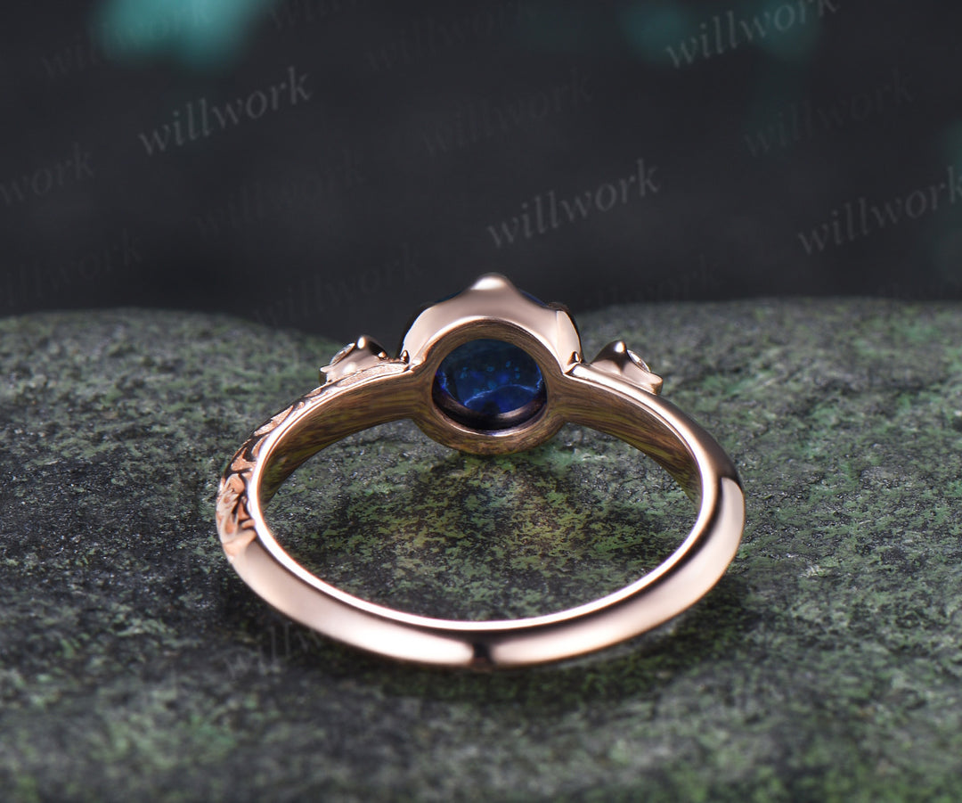 Vintage Round Sapphire Engagement Ring Three Stone Diamond Ring Filigree Floral Cabochon Sapphire Promise Ring