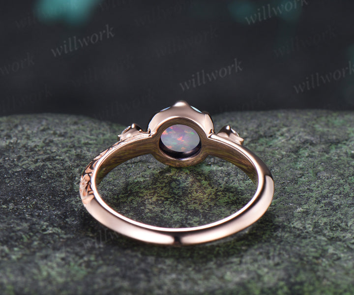 Vintage Round Opal Engagement Ring Three Stone Diamond Ring Filigree Floral Opal Promise Ring