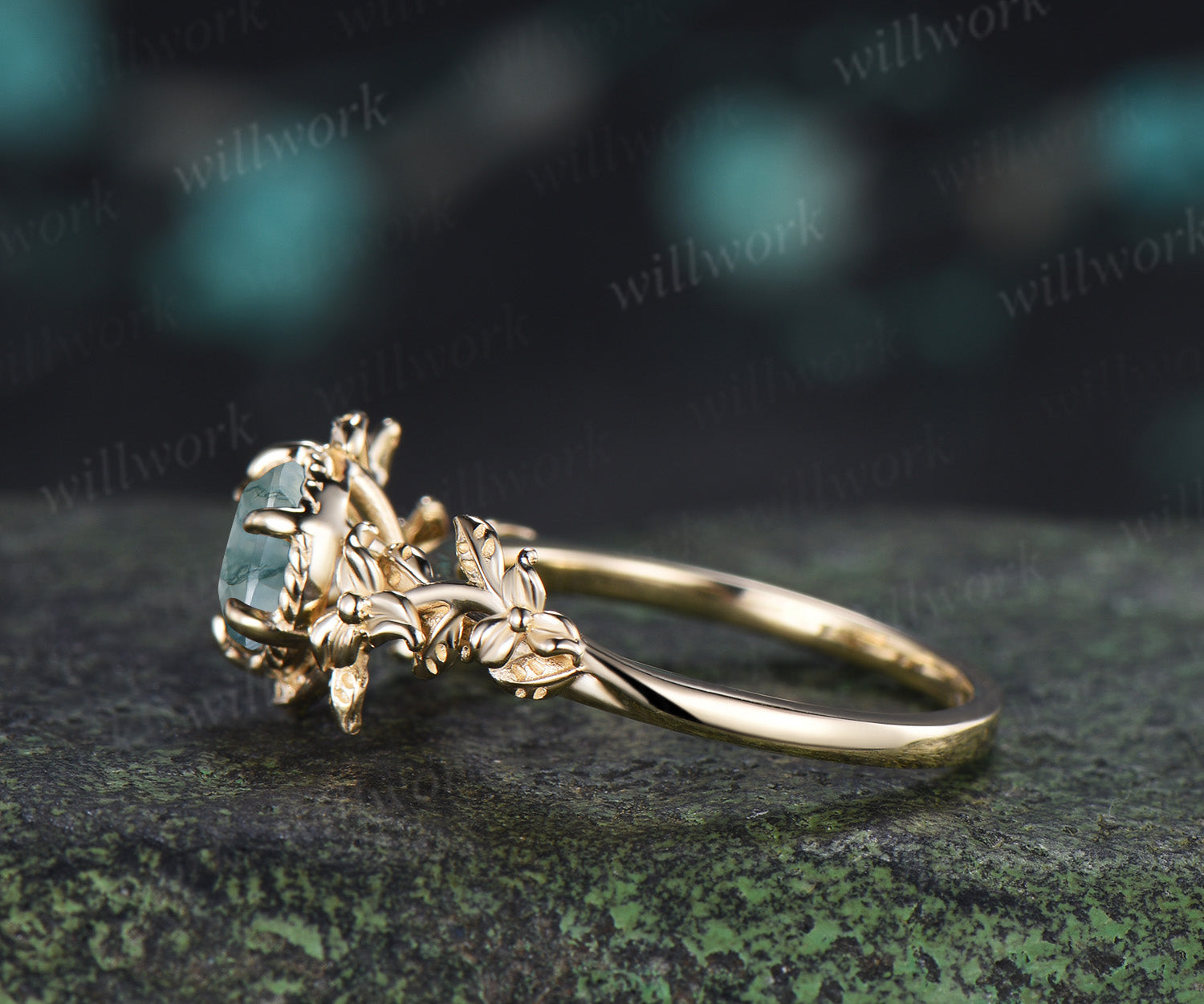 Round Moss Agate Twisted Floral Vine Engagement Ring Nature
