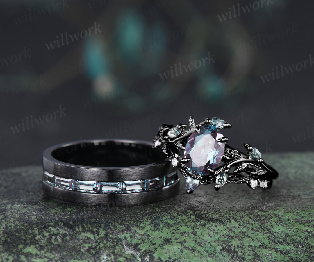 Oval Cut Alexandrite Twig Leaf Ring Set & Baguette Alexandrite Brushed Finish Men Half Eternity Wedding Ring Couple Ring Set