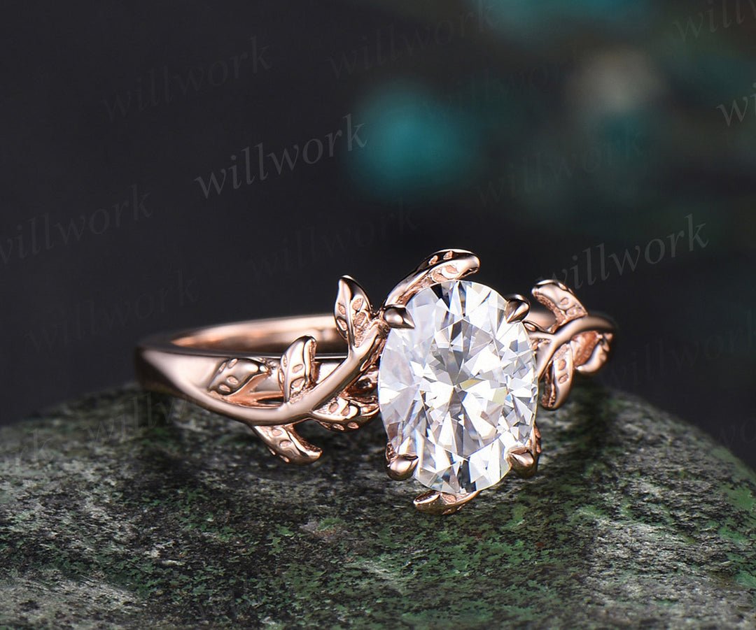 Unique vintage moissanite engagement ring leaf branch art deco dainty solitaire rose gold ring promise bridal weddring ring jewelry