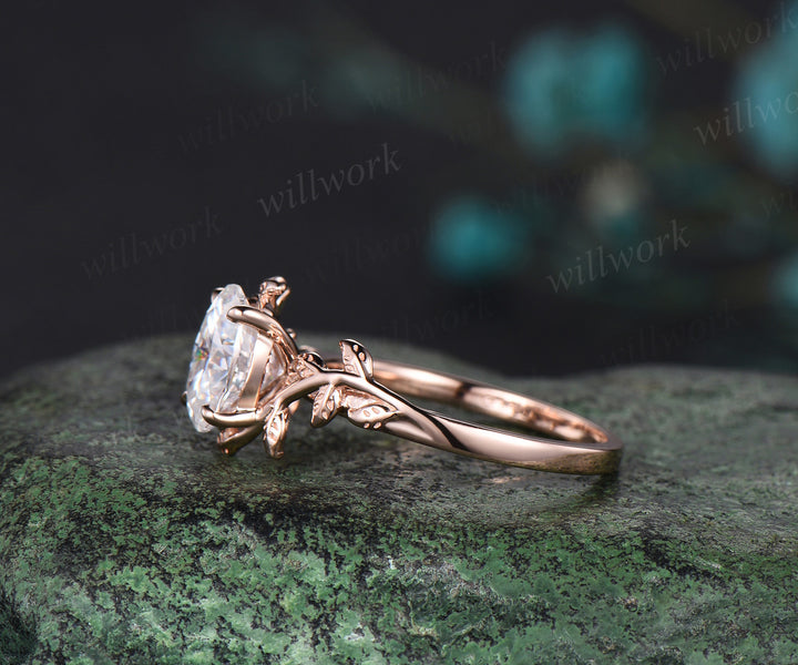 Unique vintage moissanite engagement ring leaf branch art deco dainty solitaire rose gold ring promise bridal weddring ring jewelry