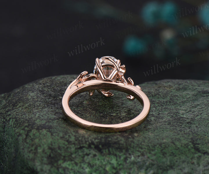 Unique vintage moissanite engagement ring leaf branch art deco dainty solitaire rose gold ring promise bridal weddring ring jewelry