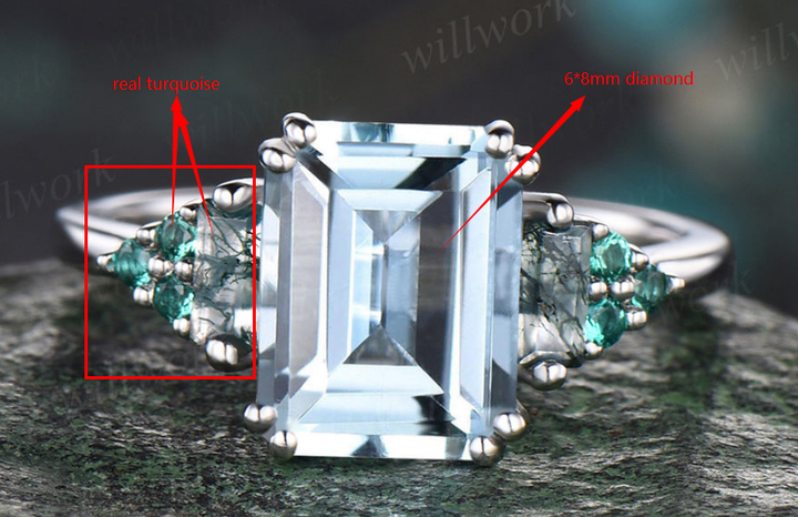 Emerald cut diamond engagement ring- turquoise accent stone-14k white gold-size 6