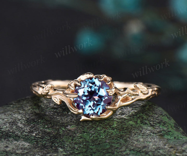 Nature Inspired Color-Change Alexandrite Solitaire Ring yellow gold Twig Vine Round Alexandrite Ring Tree Bark Nature Themed Wedding Ring