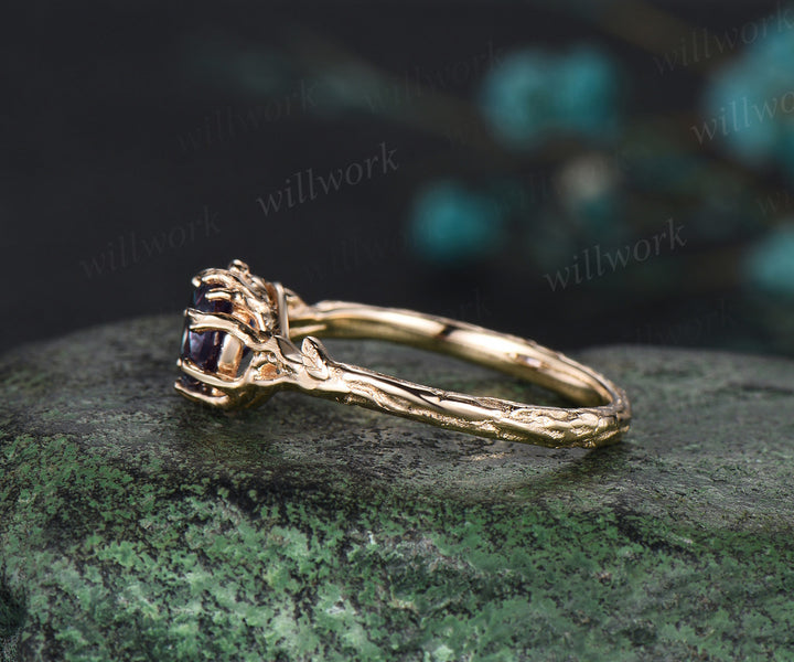 Nature Inspired Color-Change Alexandrite Solitaire Ring yellow gold Twig Vine Round Alexandrite Ring Tree Bark Nature Themed Wedding Ring