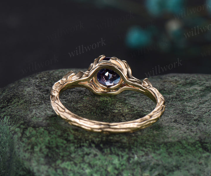 Nature Inspired Color-Change Alexandrite Solitaire Ring yellow gold Twig Vine Round Alexandrite Ring Tree Bark Nature Themed Wedding Ring