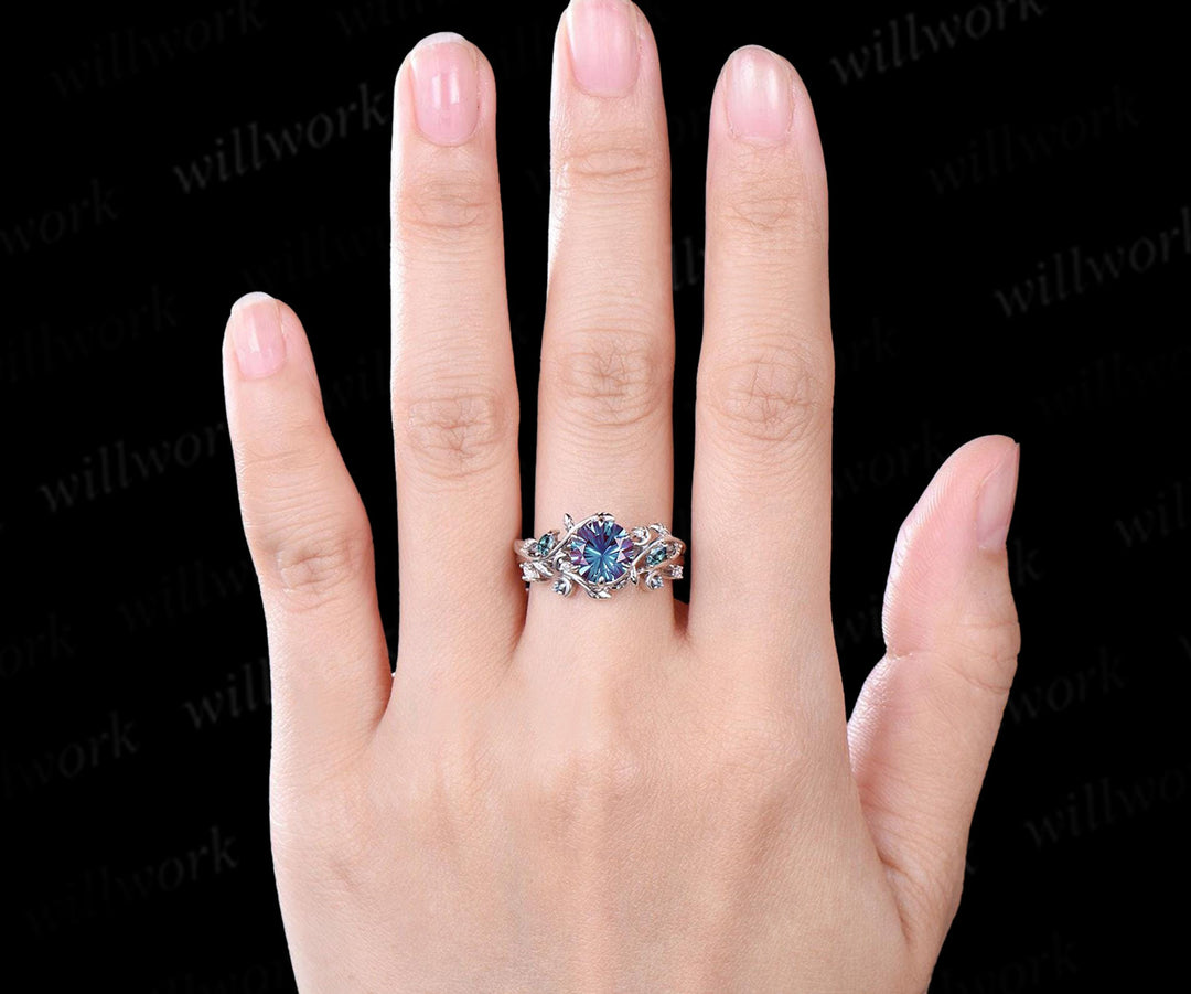 Fireworks Cut Alexandrite Ring Set Leafy Vine Art Deco Moon Ring Twig Diamond Alexandrite Matching Band Vintage Bridal Set