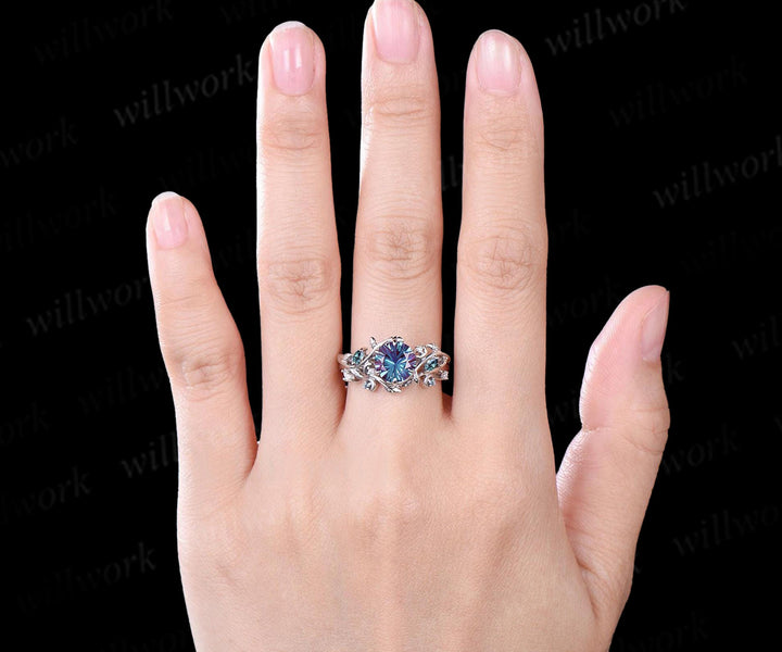 Fireworks Cut Alexandrite Ring Set Leafy Vine Art Deco Moon Ring Twig Diamond Alexandrite Matching Band Vintage Bridal Set