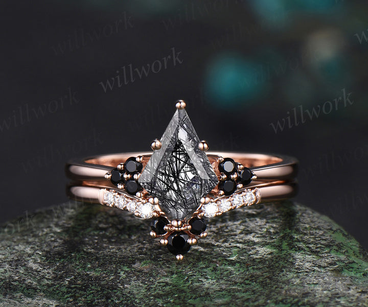 Unique kite cut black rutilated quartz engagement ring solid 14k white gold black spinel moissanite Personalized promise anniversary ring women