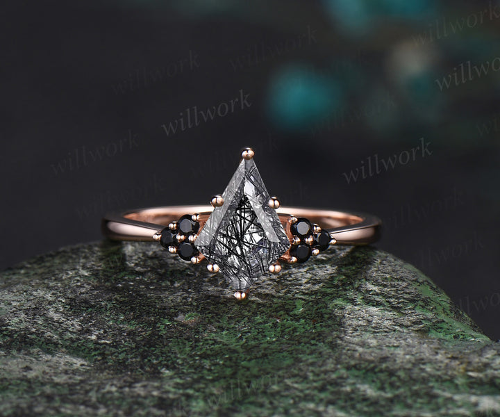 Unique kite cut black rutilated quartz engagement ring solid 14k white gold black spinel moissanite Personalized promise anniversary ring women