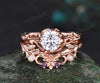 1ct Round lab grown diamond Engagement Ring set rose gold Nature Inspired Textured Twig opal moon unique wedding ring set women