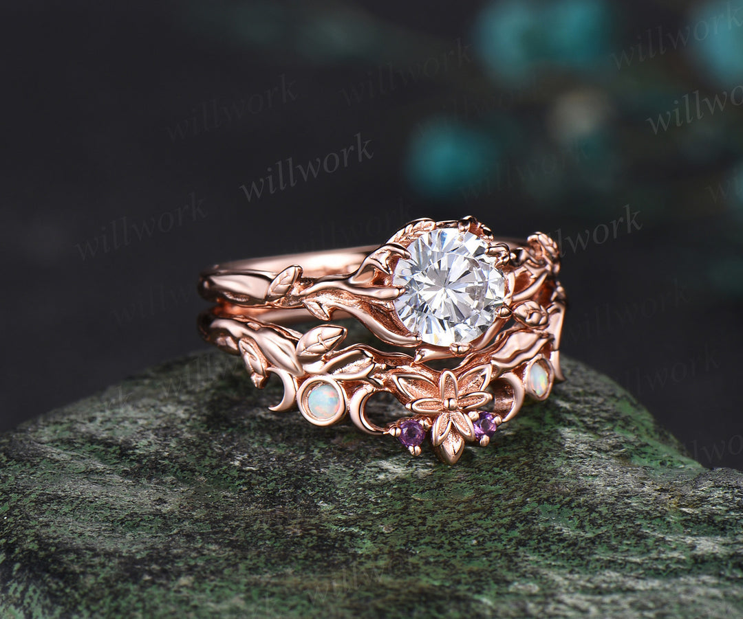 1ct Round lab grown diamond Engagement Ring set rose gold Nature Inspired Textured Twig opal moon unique wedding ring set women