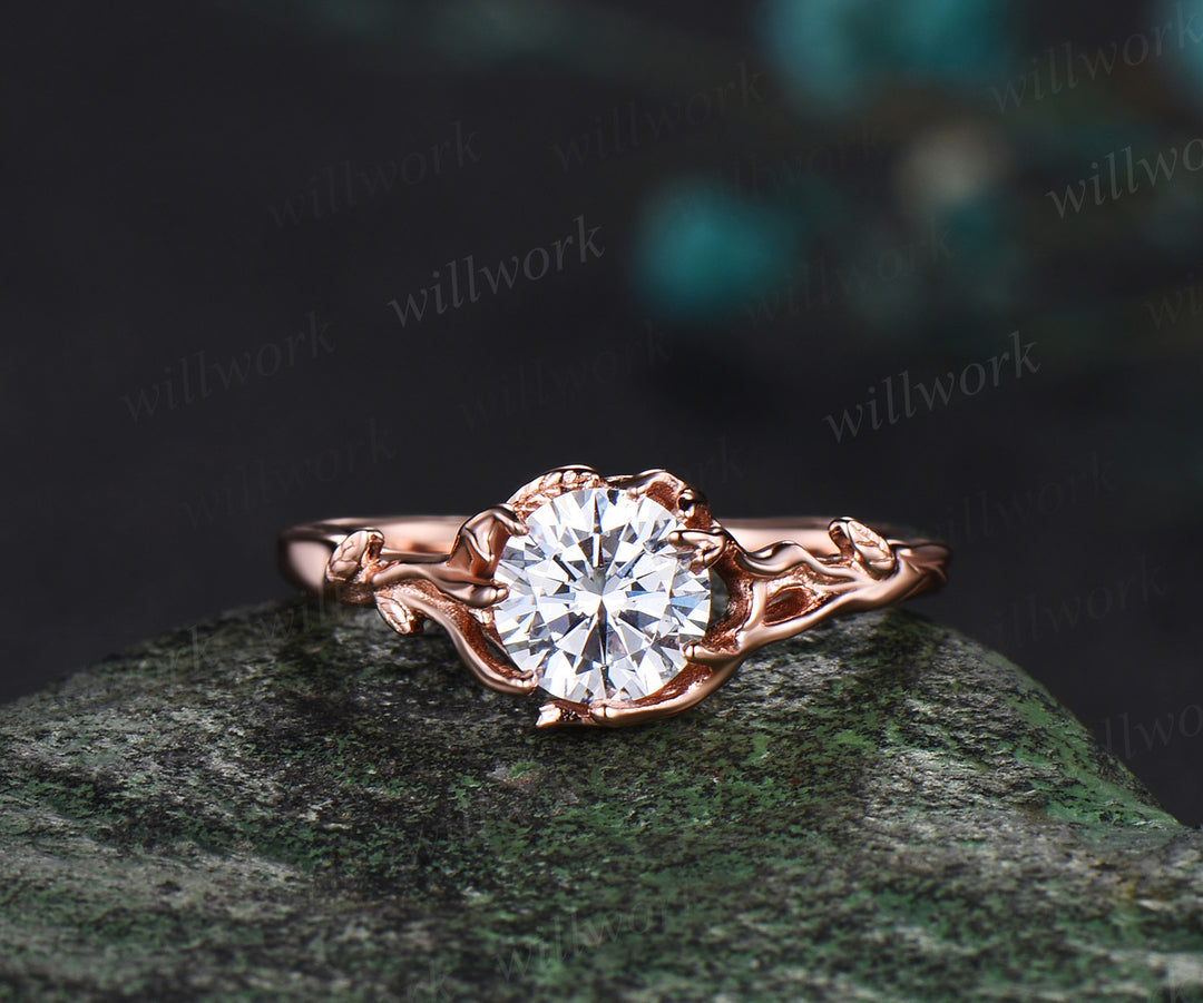 1ct Round lab grown diamond Engagement Ring set rose gold Nature Inspired Textured Twig opal moon unique wedding ring set women