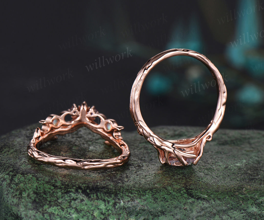 1ct Round lab grown diamond Engagement Ring set rose gold Nature Inspired Textured Twig opal moon unique wedding ring set women