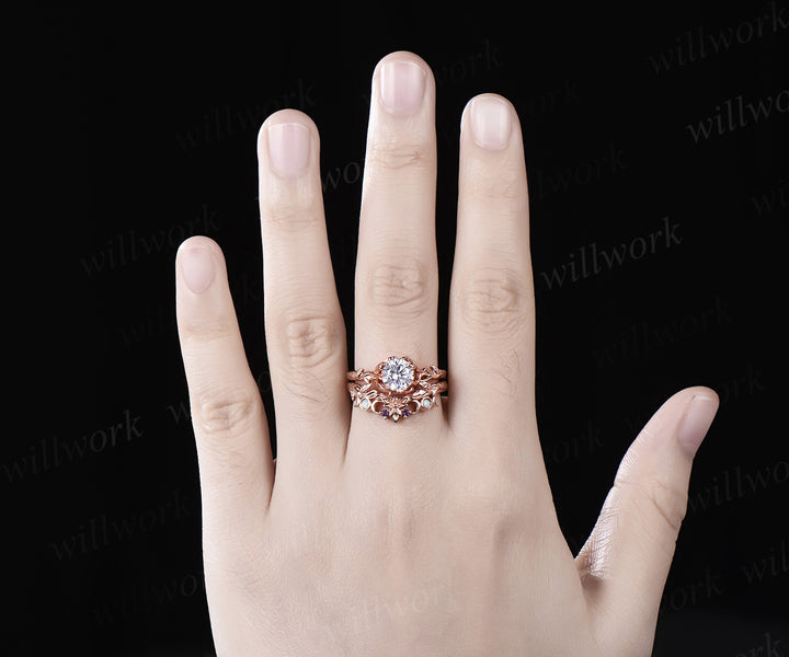 1ct Round lab grown diamond Engagement Ring set rose gold Nature Inspired Textured Twig opal moon unique wedding ring set women