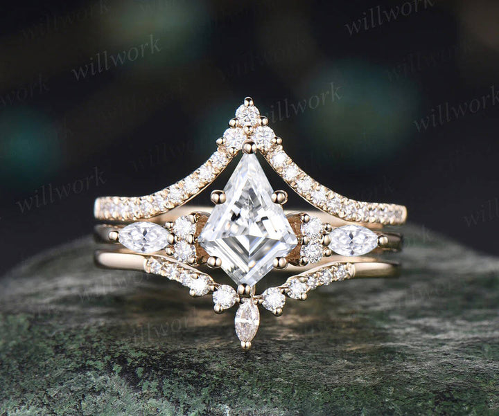 Vintage kite cut lab grown diamond engagement ring set 14k rose gold 6 prong diamond unique bridal wedding promise ring set women