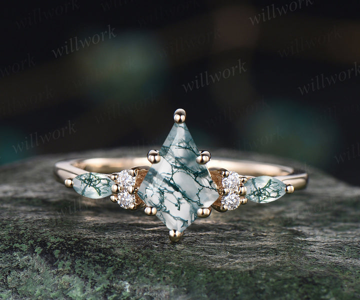 Kite cut moss agate engagement ring set marquise cut moss agate ring vintage yellow gold 6 prong ring curved moissanite diamonds wedding band women gifts