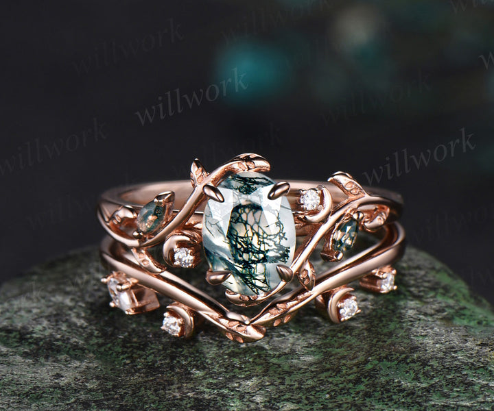 Oval cut moss agate ring vintage 14k rose gold diamond leaf branch moon engagement ring women stacking wedding ring set gift