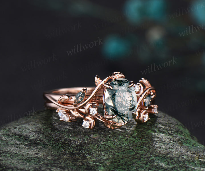 Oval cut moss agate ring vintage 14k rose gold diamond leaf branch moon engagement ring women stacking wedding ring set gift