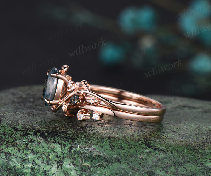 Oval cut moss agate ring vintage 14k rose gold diamond leaf branch moon engagement ring women stacking wedding ring set gift