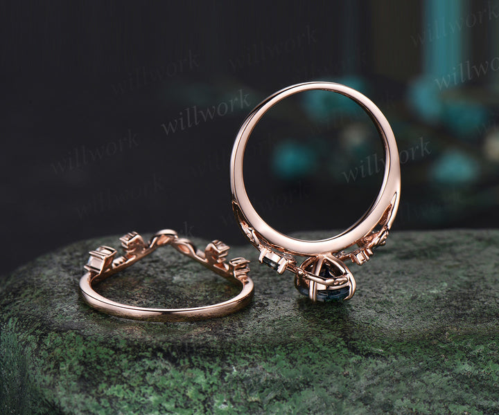 Oval cut moss agate ring vintage 14k rose gold diamond leaf branch moon engagement ring women stacking wedding ring set gift