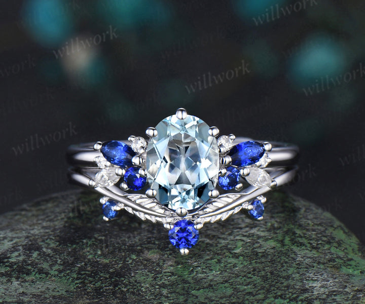 Oval cut aquamarine engagement ring 6 prong white gold cluster snowdrift sapphire bridal anniversary ring set women jewelry