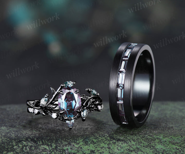 Oval Cut Alexandrite Twig Leaf Ring Set & Baguette Alexandrite Brushed Finish Men Half Eternity Wedding Ring Couple Ring Set