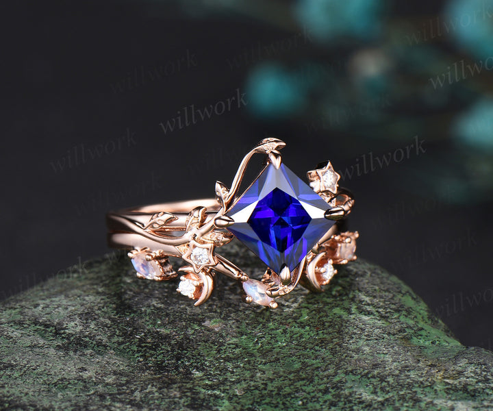 Vintage princess cut sapphire engagement ring set rose gold star leaf moon moonstone ring women unique bridal wedding ring set women