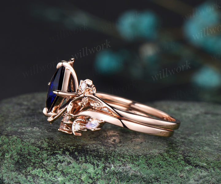 Vintage princess cut sapphire engagement ring set rose gold star leaf moon moonstone ring women unique bridal wedding ring set women