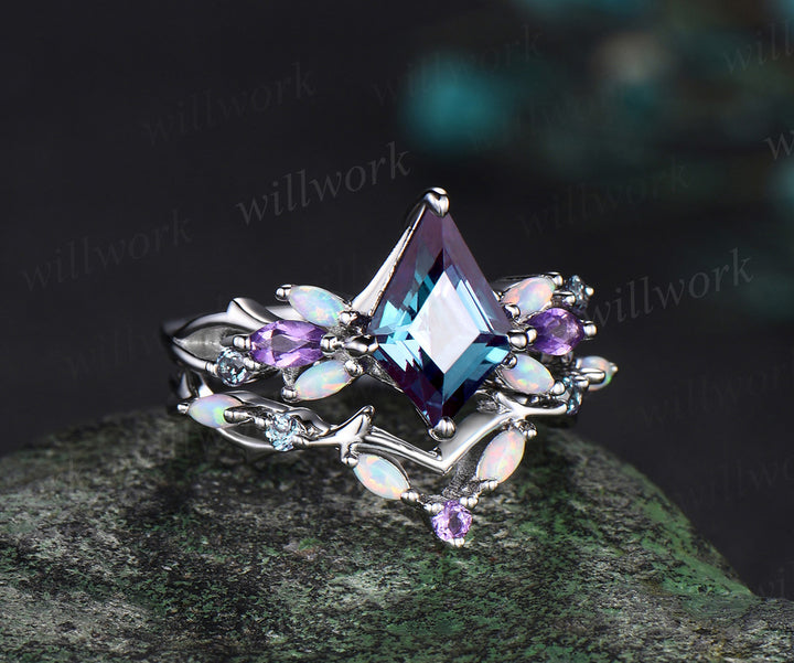 Vintage Kite Alexandrite Engagement Ring Set White Gold Vines Amethyst Opal Ring Women Bridal Set Unique Twig Anniversary Promise Ring Gift