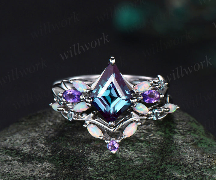 Vintage Kite Alexandrite Engagement Ring Set White Gold Vines Amethyst Opal Ring Women Bridal Set Unique Twig Anniversary Promise Ring Gift