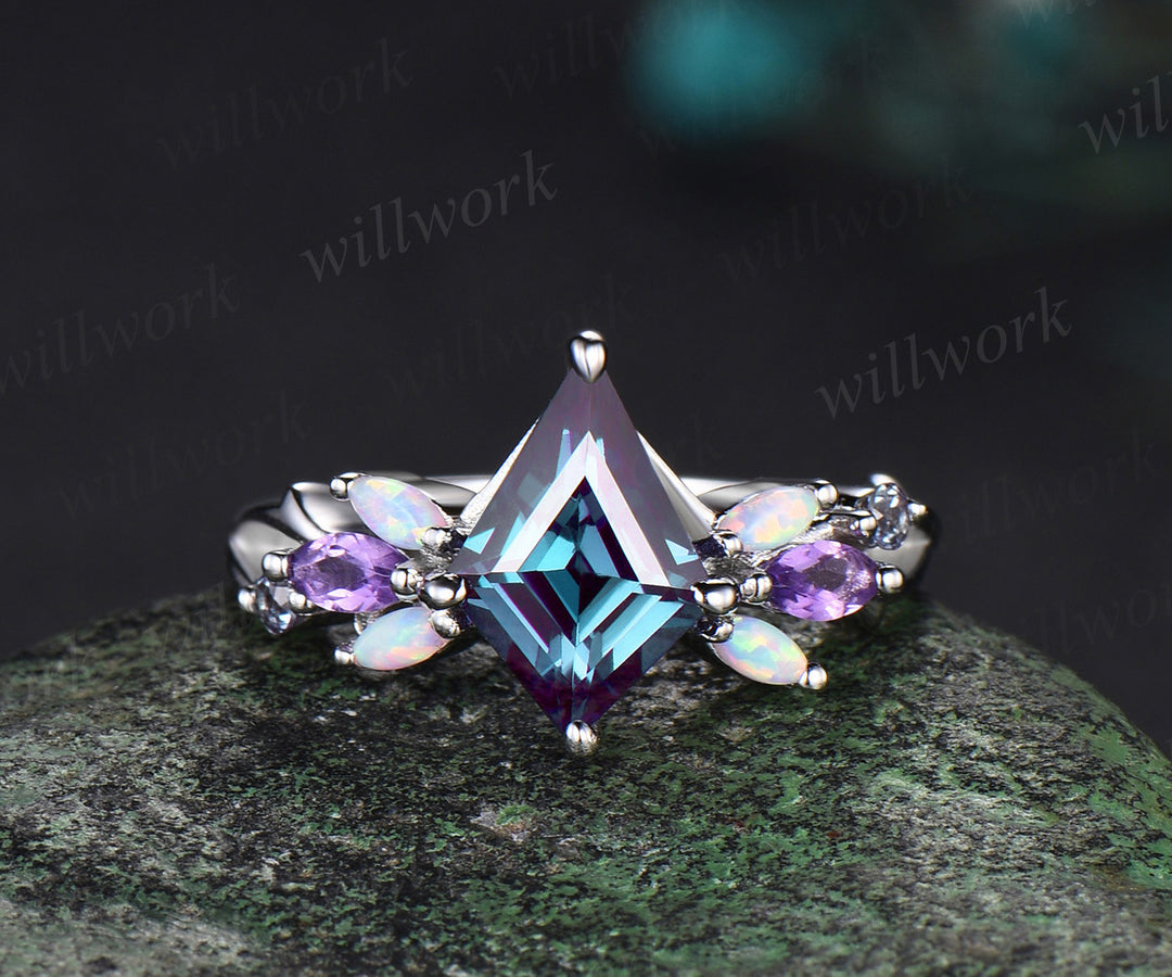 Vintage Kite Alexandrite Engagement Ring Set White Gold Vines Amethyst Opal Ring Women Bridal Set Unique Twig Anniversary Promise Ring Gift