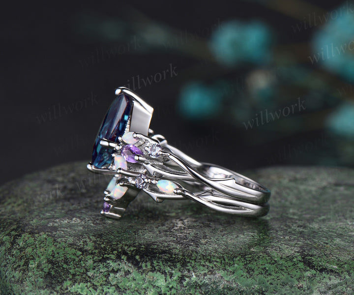 Vintage Kite Alexandrite Engagement Ring Set White Gold Vines Amethyst Opal Ring Women Bridal Set Unique Twig Anniversary Promise Ring Gift