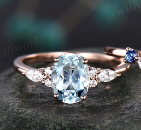 Oval Aquamarine ring vintage natural sapphire ring solid 14k white gold marquise moissanite ring unique engagement ring bridal set women