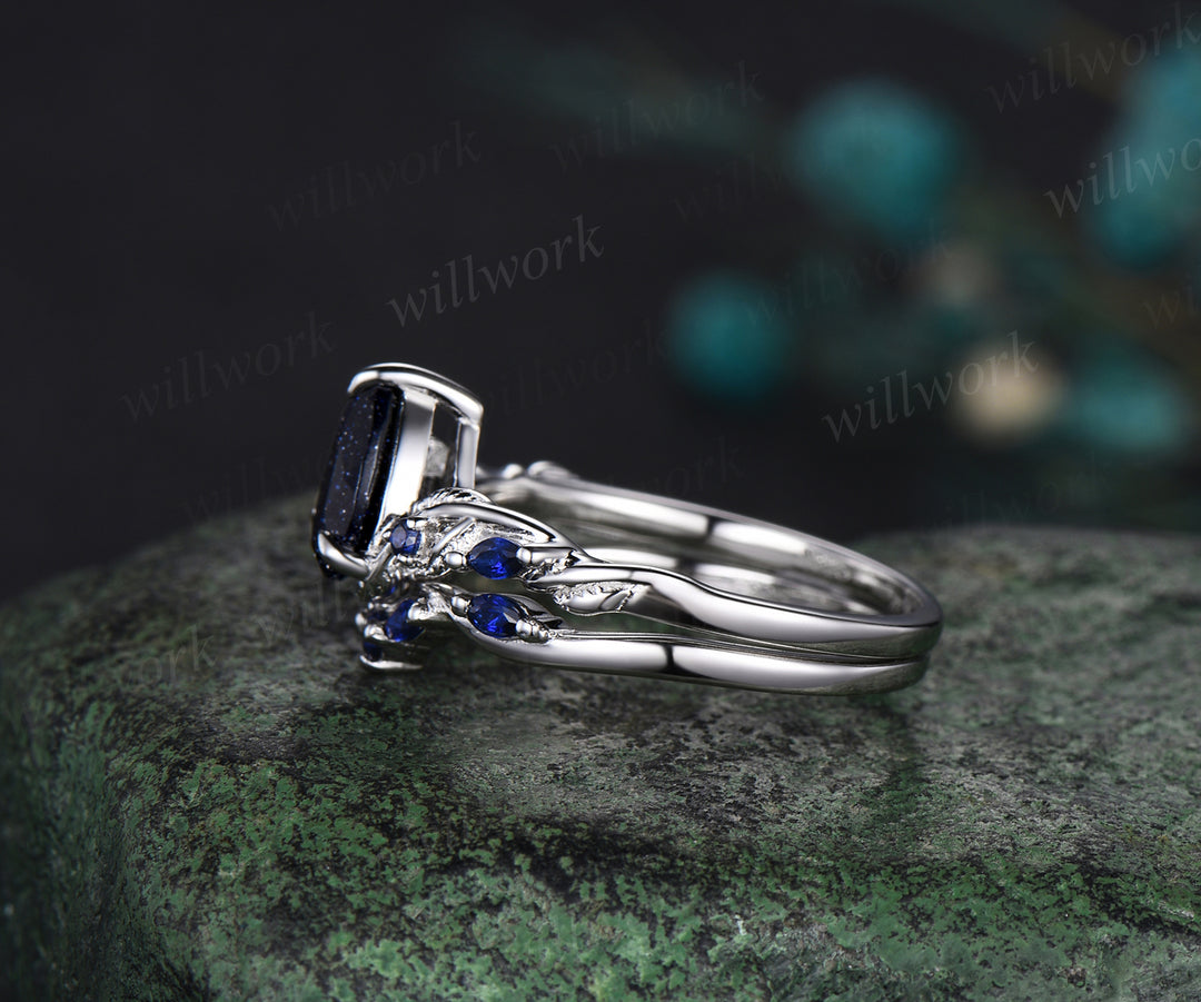 Nature Inspired Pear Galaxy Blue Sandstone sapphire Bridal Set white gold Unique Twig Vine Teardrop Blue Goldstone Engagement Ring Ring Set