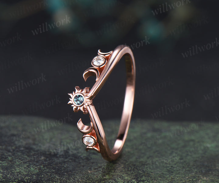 Dainty alexandrite sun moon wedding band bezel moissanite crescent curved stacking ring unique wedding ring for women