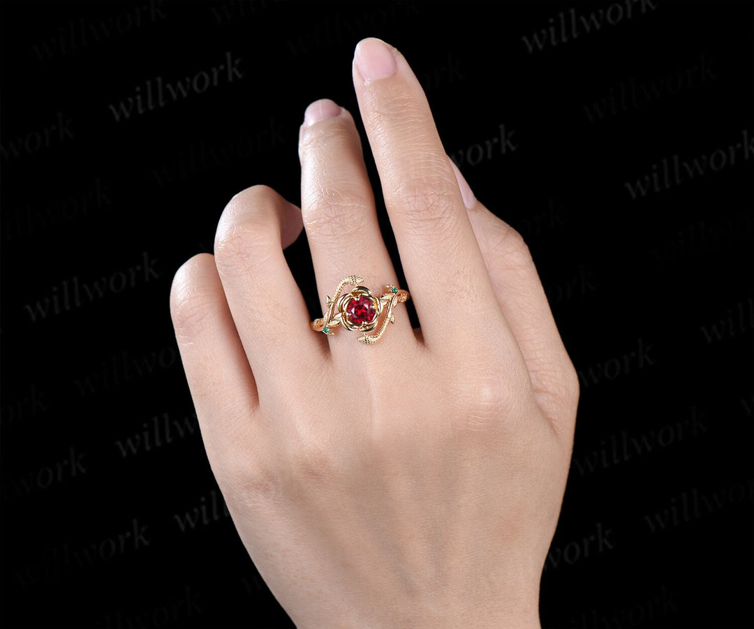 Round cut ruby engagement ring flower floral snake three stone emerald ring vintage wedding ring women jewelry