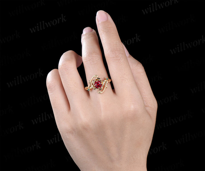 Round cut ruby engagement ring flower floral snake three stone emerald ring vintage wedding ring women jewelry