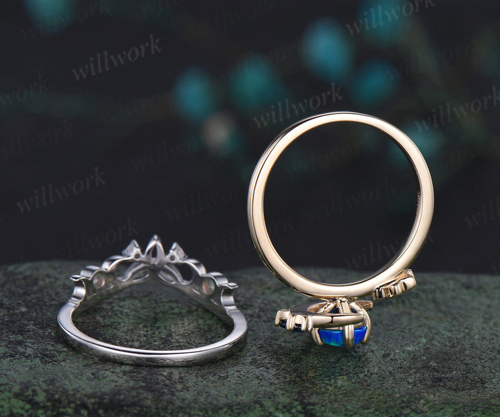 Round blue opal ring gold cluster moon Celtic knot engagement ring set sapphire opal wedding bridal set women